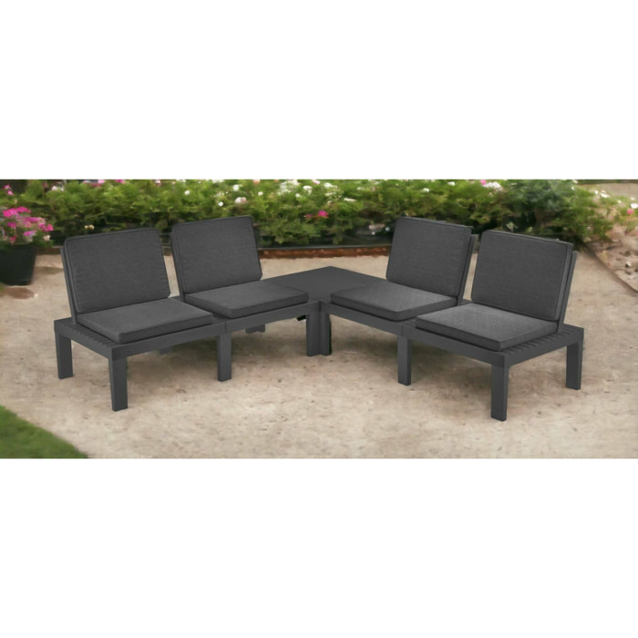 Set salotto da esterno Vigevano, Set da giardino con 4 sedute con schienale ed 1 modulo multifunzione, Salottino con cuscini, 100% Made in Italy, Antracite