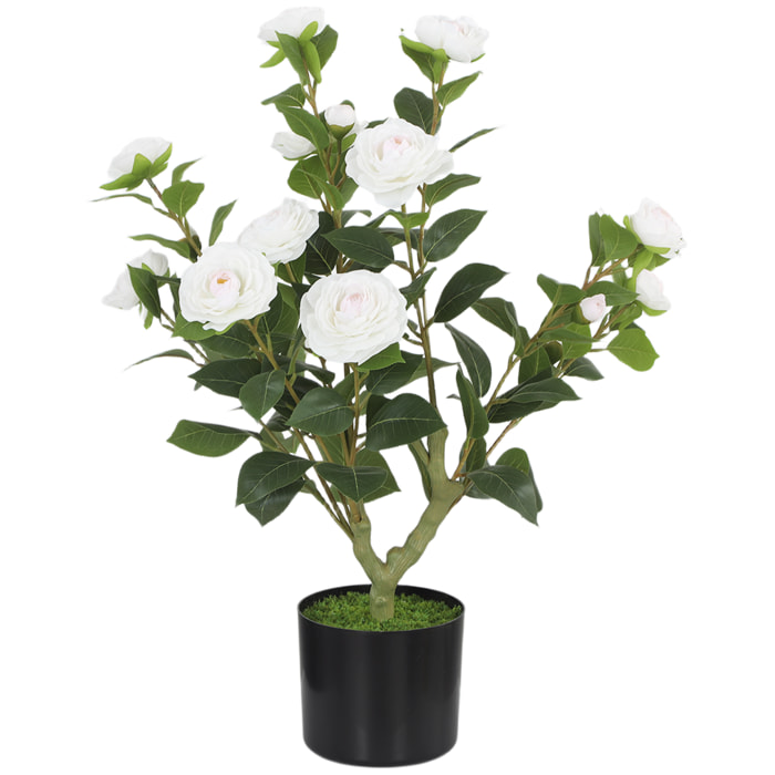 Planta Artificial de Camelia 65 cm, Árbol Artificial en Maceta con Flores de Seda Realistas, 116 Hojas y Efecto Musgo, Árbol Decorativo para Interior y Exterior, Ø15x65 cm, Blanco