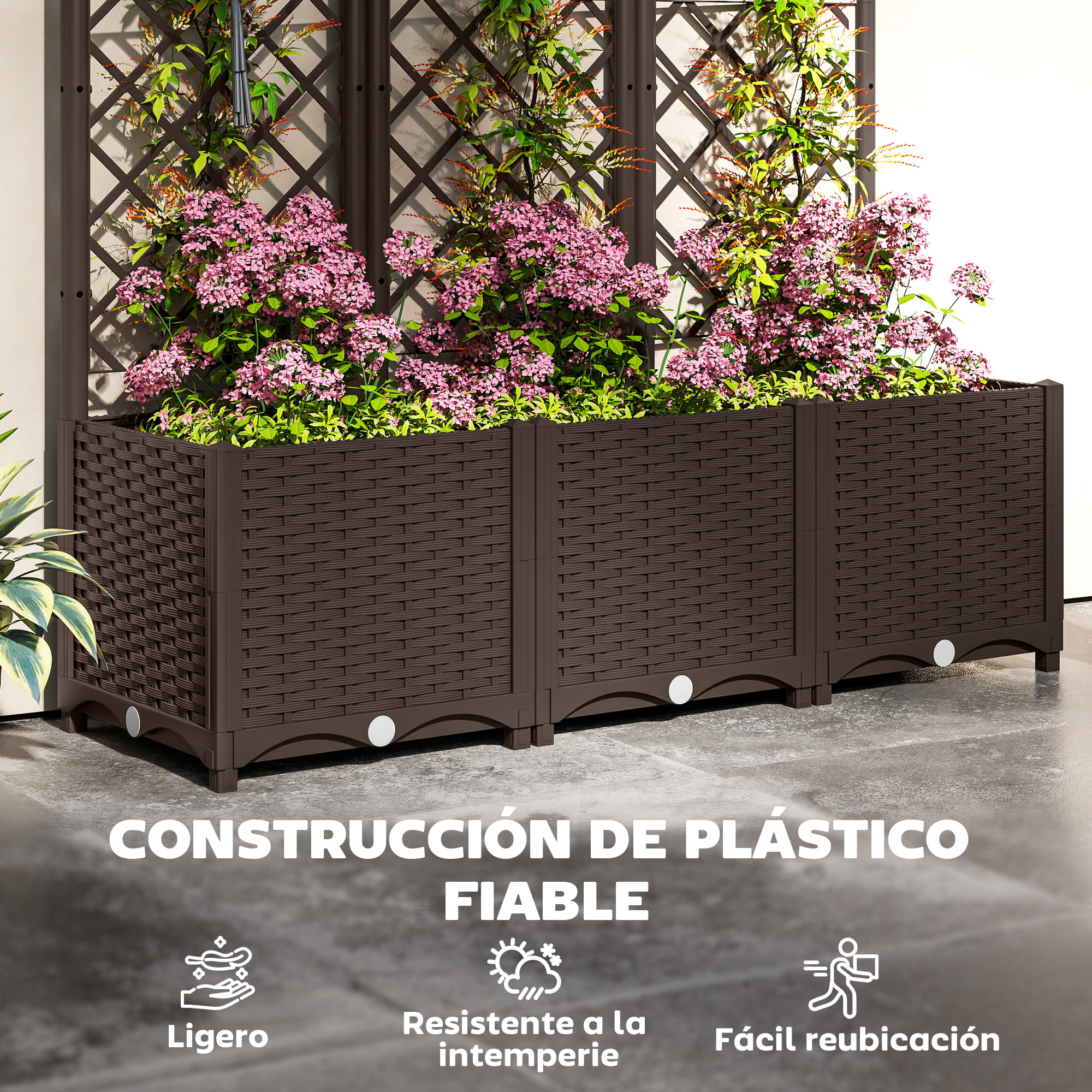 Jardinera con Enrejado de PP Jardinera Exterior Grande con Drenaje y Amplio Espacio para Plantas Trepadoras Macetero con Soporte para Jardín Patio Terraza 120x40x135 cm Marrón