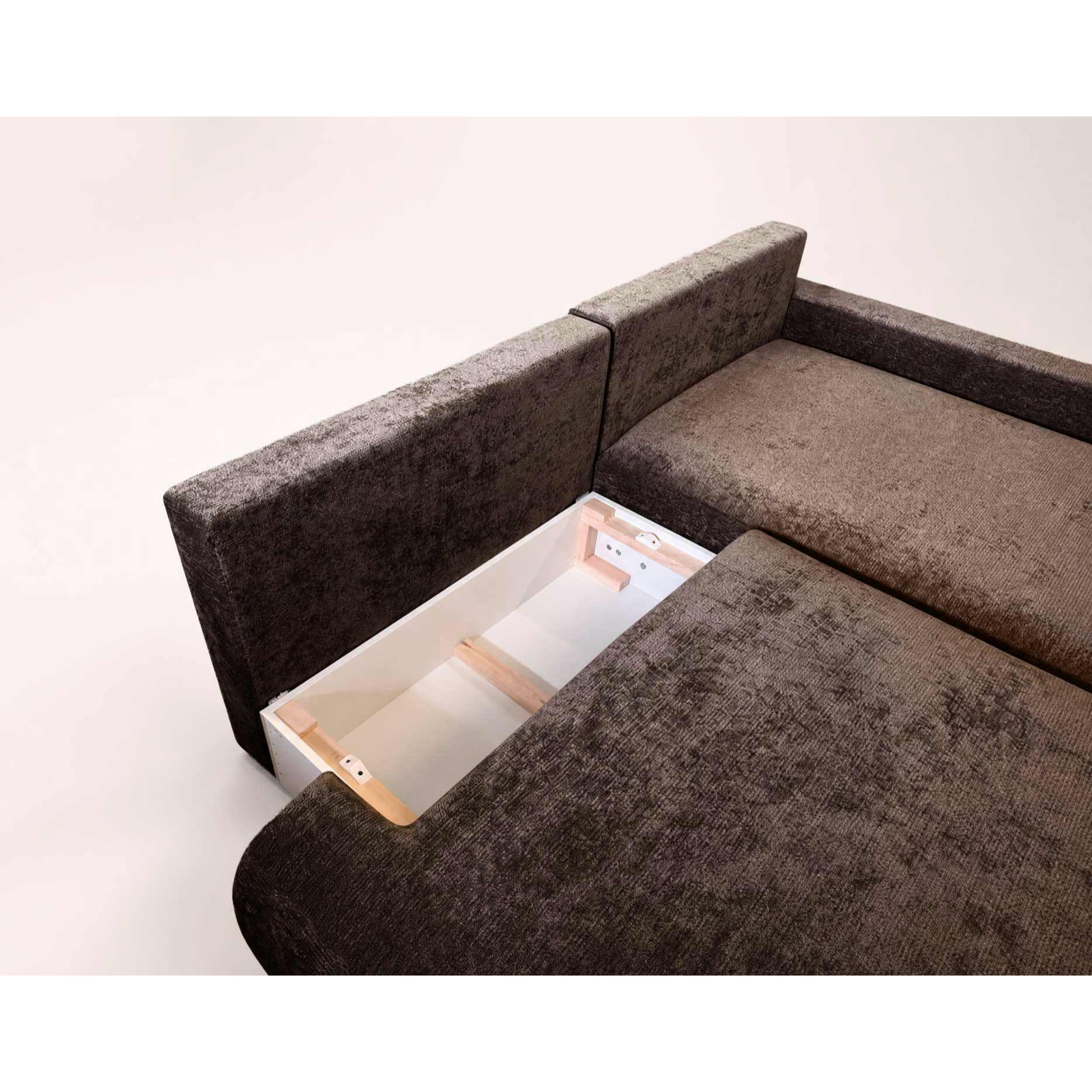 Pivoine - Canapé d'angle ouvert droit 4 places convertible avec coffre en tissu texturé - Marron