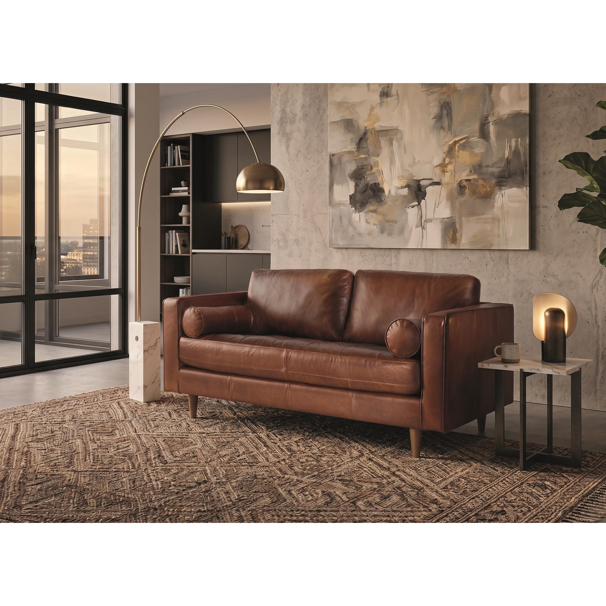 Canapé en cuir naturel, structure en bois 164cm style Mid-century / rétro moderne
