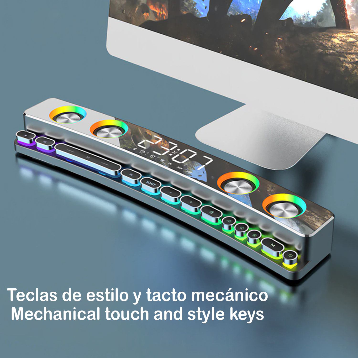 Barra de sonido SH39 Bluetooth 5.0 con teclas mecánicas, pantalla y luz RGB. Batería de 3600mAh. Gaming, home cinema.