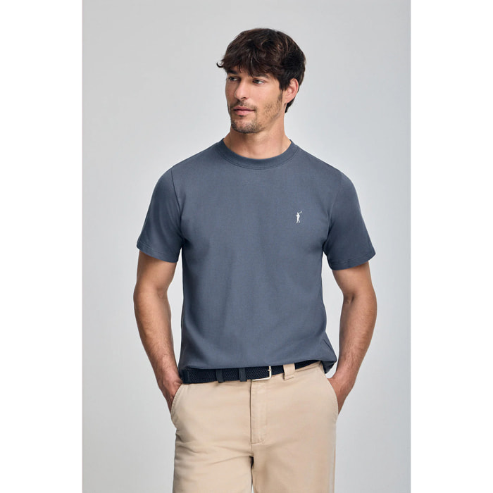 Camiseta azul denim con cuello redondo y bordado Rigby Go