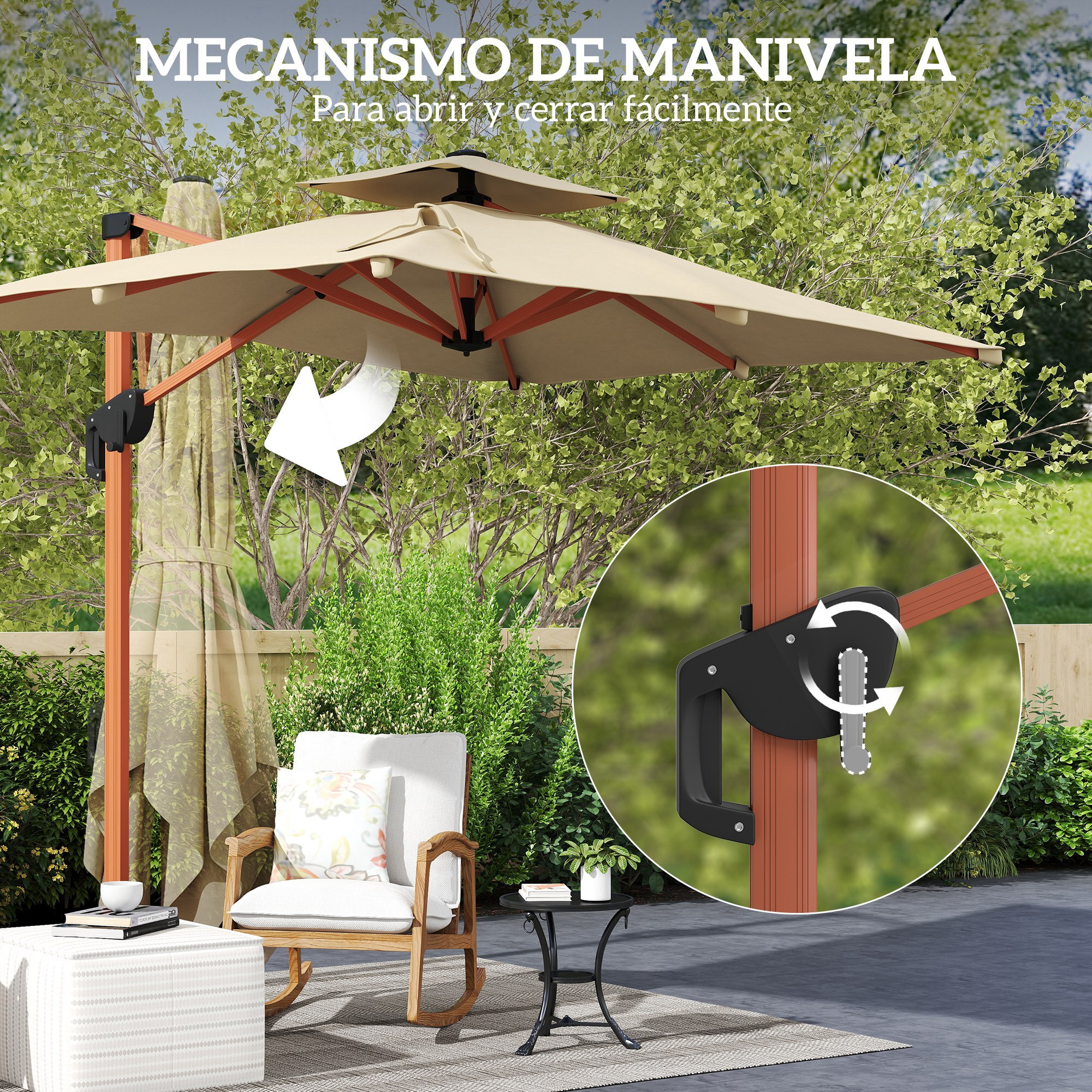 Sombrilla de Jardín 300x198x252 cm Parasol Excéntrico de Aluminio con Manivela Inclinación Ajustable Doble Techo y Base Cruzada Giratoria 360° Sombrilla para Terraza Exterior Patio Caqui