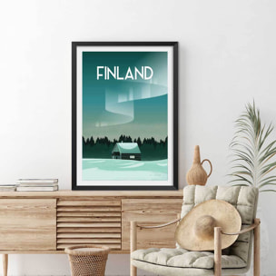 Affiche voyage laponie finlandaise Affiche + cadre en bois - Noir