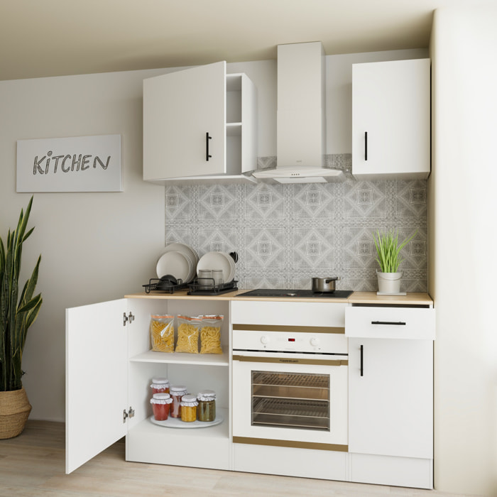 Cucina Componibile Completa Da 160 Cm Moderna con Cassetti Ammortizzati Piedini Regolabili Moduli Pensili Facile Da Installare Bianco Lucido e Rovere