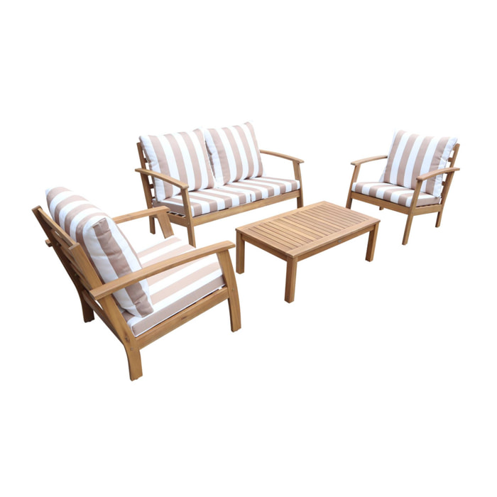Salon de jardin en bois 4 places - Ushuaïa - Coussins beige. canapé. fauteuils et table basse en acacia. design