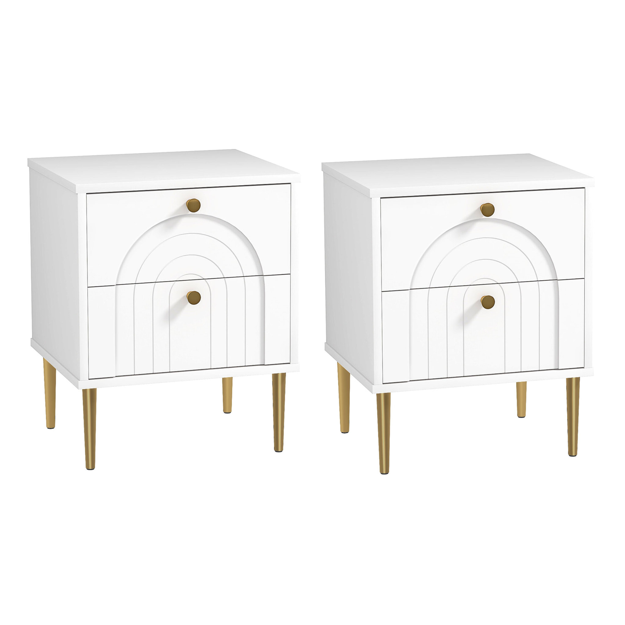 Lot de 2 chevets tables de nuit design - 2 tiroirs - piètement poignée métal doré blanc