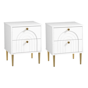 Lot de 2 chevets tables de nuit design - 2 tiroirs - piètement poignée métal doré blanc