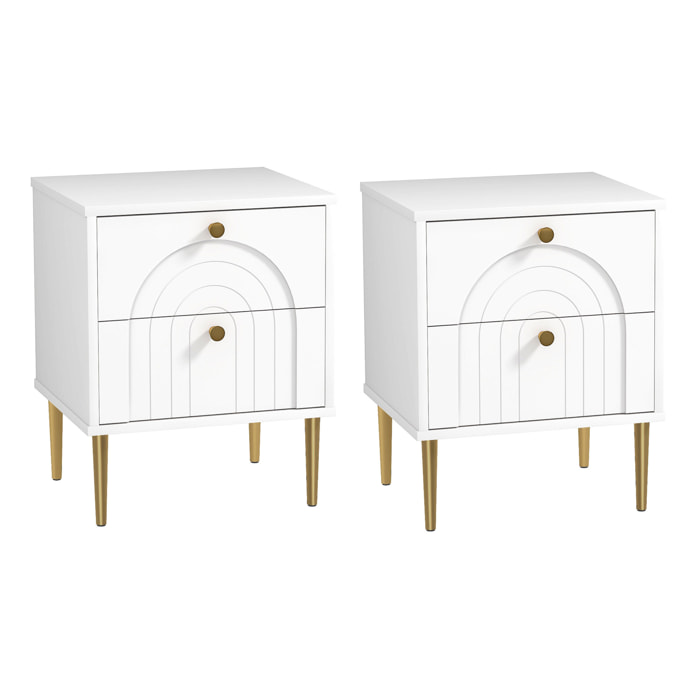 Lot de 2 chevets tables de nuit design - 2 tiroirs - piètement poignée métal doré blanc
