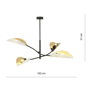 Lampada a sospensione Lotus in acciaio nero e paralumi bianco e oro