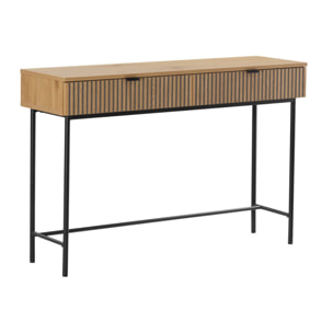 SCOTT - Console 2 tiroirs décor effet bois rainuré noir/naturel