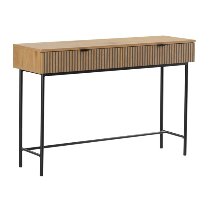 SCOTT - Console 2 tiroirs décor effet bois rainuré noir/naturel