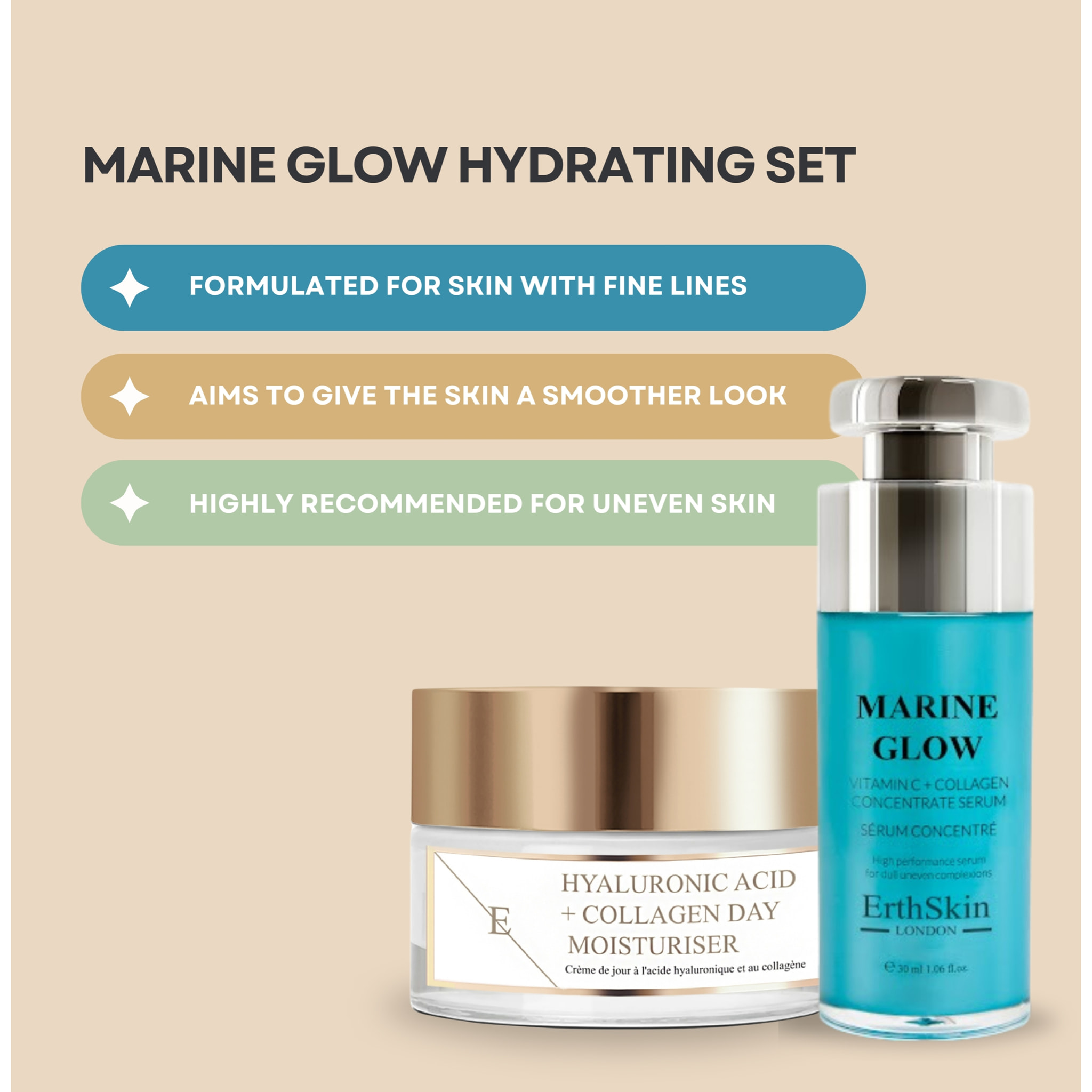 Marine Glow Sérum Concentrado Vitamina C + Colágeno 30ml + Crema de Día Ácido Hialurónico y Colágeno 50ml
