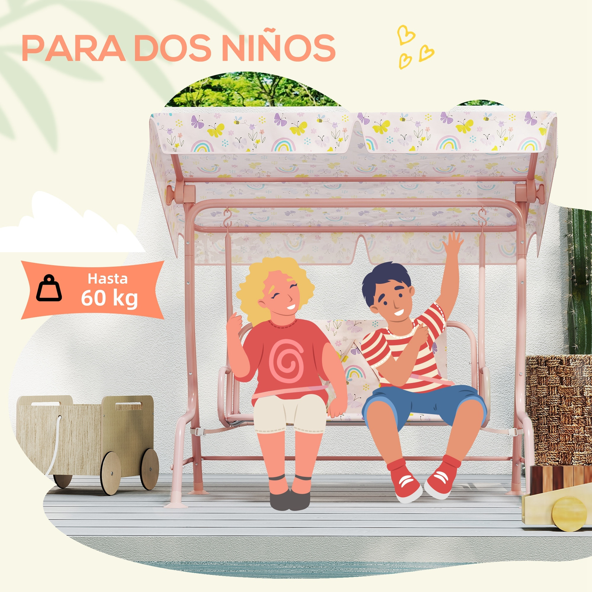 Columpio de Jardín Exterior para Niños de +3 Años Balancín de Jardín Exterior de 2 Plazas con Toldo Ajustable Arnés de Seguridad y Estampados Bonitos 112x75x120 cm Rosa