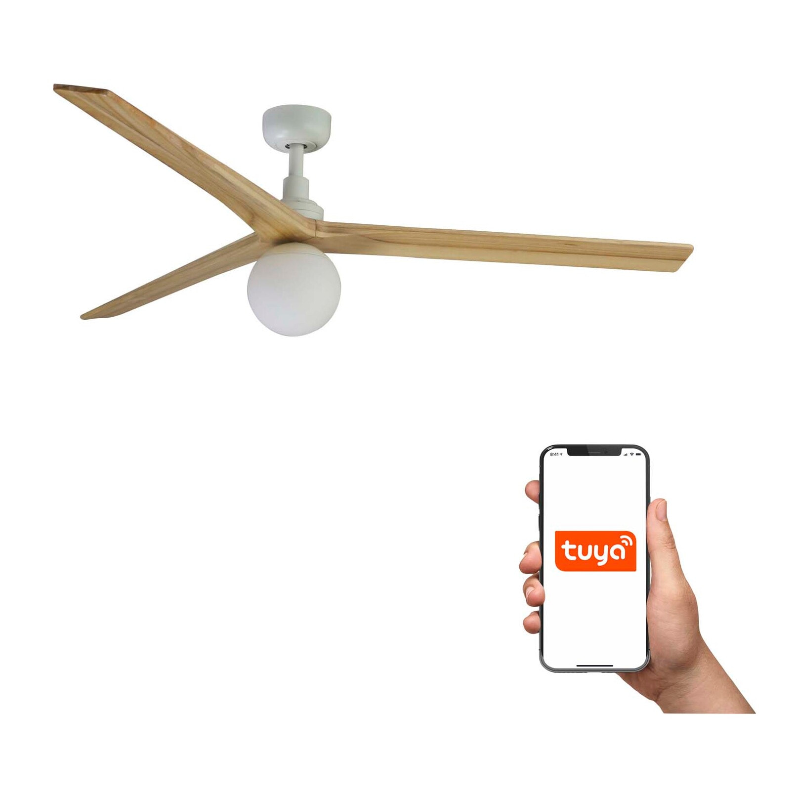 KLIM L Ventilateur de plafond blanc/bois chêne E27 TUYA