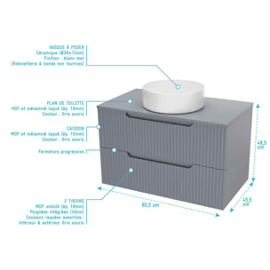 Meuble et colonne de Salle de Bains LEON 80cm Gris souris - Façades Ondulées - Vasque Ronde 36cm
