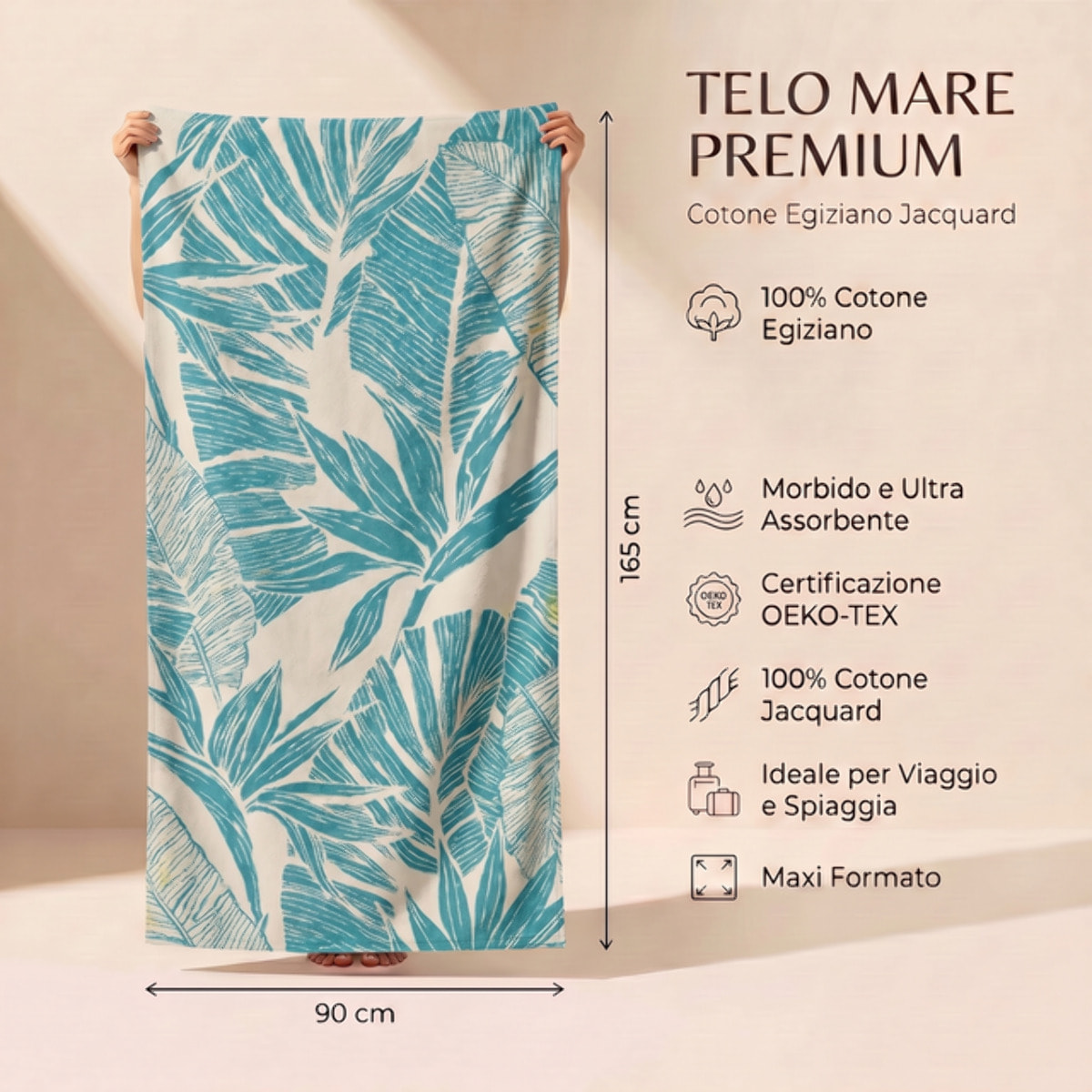 Telo mare in spugna, 90x165 cm, 100% cotone egiziano, morbido e super assorbente, asciugamano spiaggia grande ad asciugatura rapida, fantasia colorata resistente ai lavaggi, ideale per mare piscina vacanze e viaggio