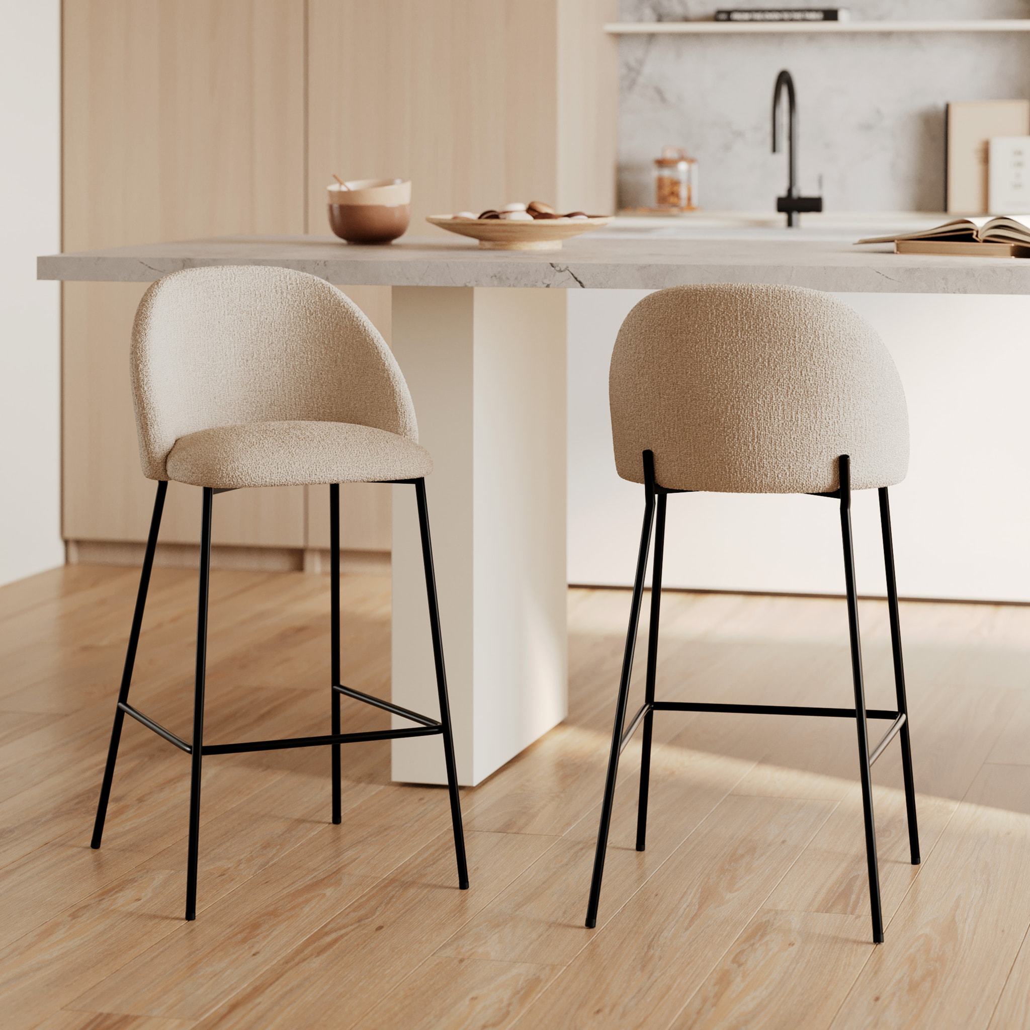 Lot de 2 chaises pour îlot central en tissu bouclé crème 66 cm - Karl