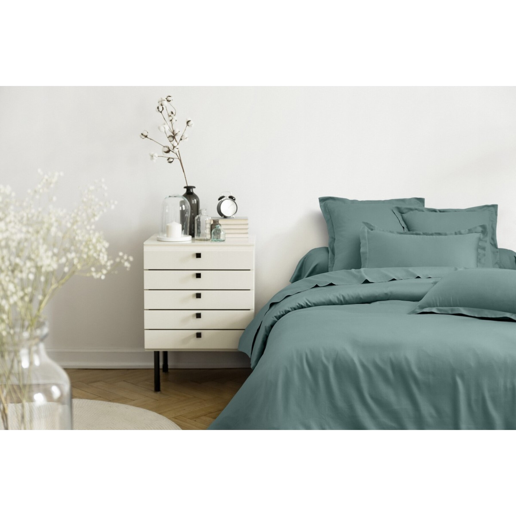 Housse de couette + taie(s) oreiller satin de coton céladon