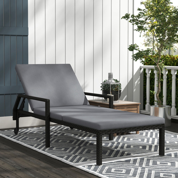 Tumbona de Ratán Chaise Longue de Jardín con Respaldo Ajustable en 5 Posiciones Cojín Acolchado y 2 Ruedas Carga 120 kg 73x200x48 cm Gris Claro y Negro