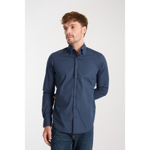 Camicia Uomo 2 Bottoni Button Down Slim Popeline Stretch Unito Blu