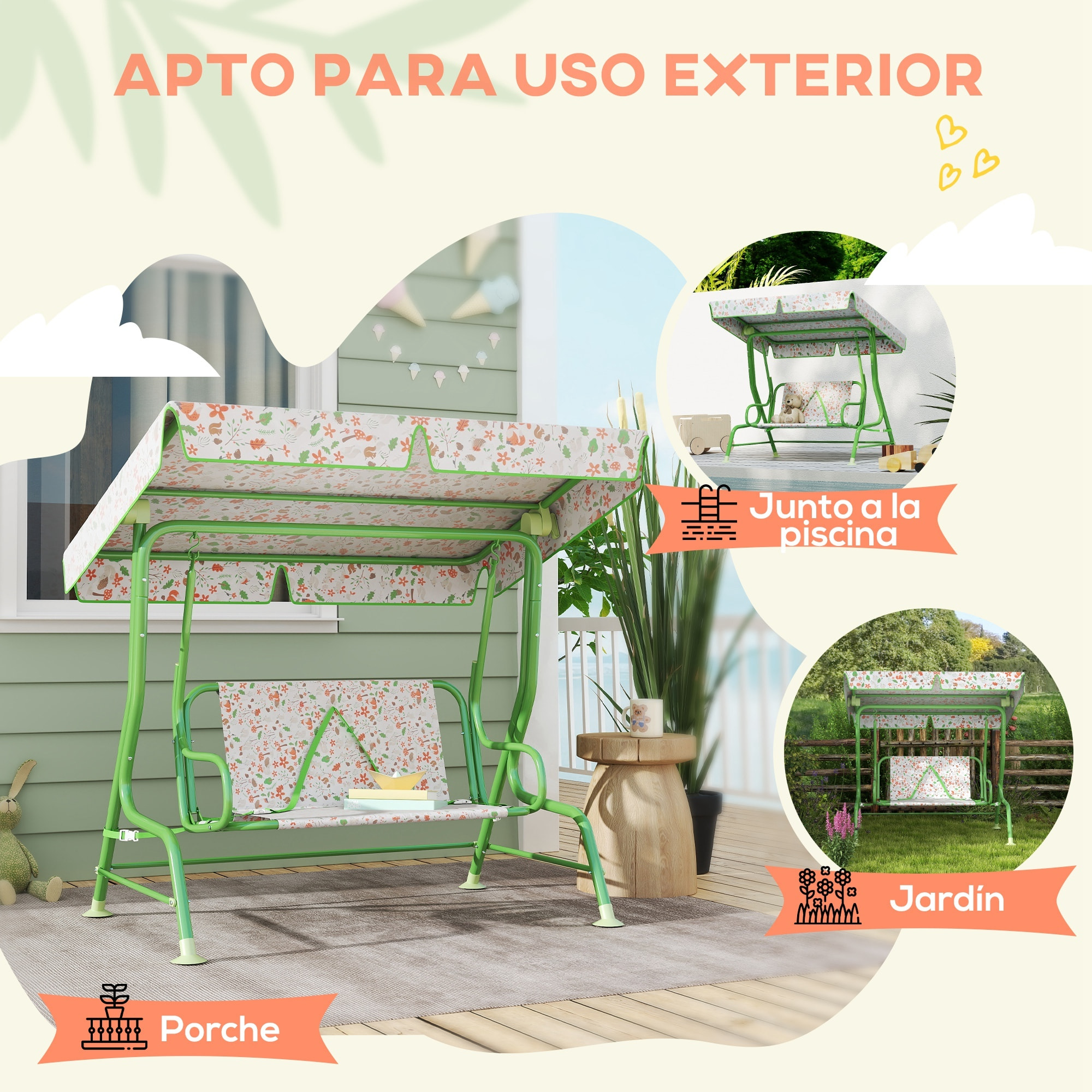 Columpio de Jardín Exterior para Niños de +3 Años Balancín de Jardín Exterior de 2 Plazas con Toldo Ajustable Arnés de Seguridad y Estampados Bonitos 112x75x120 cm Verde