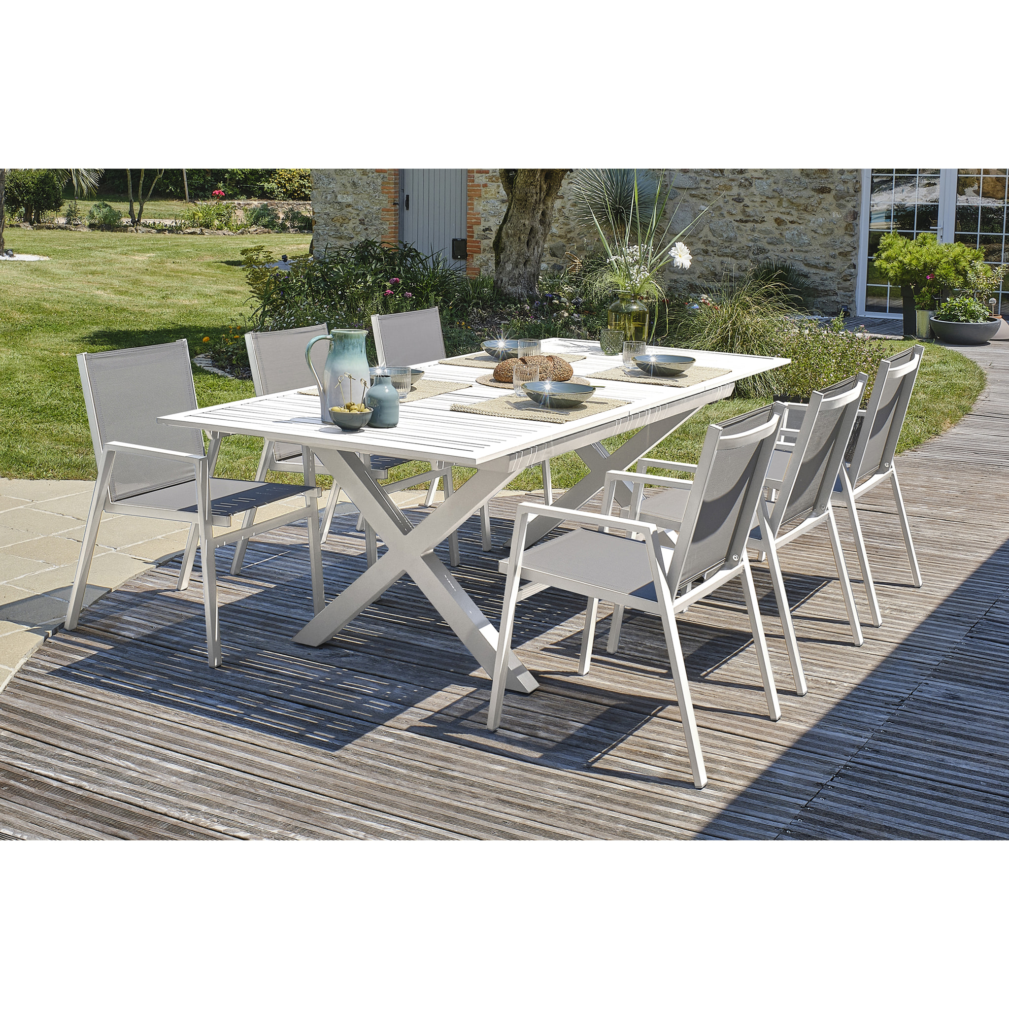 FLORIDE - Ensemble repas de jardin 6 places en aluminium blanc