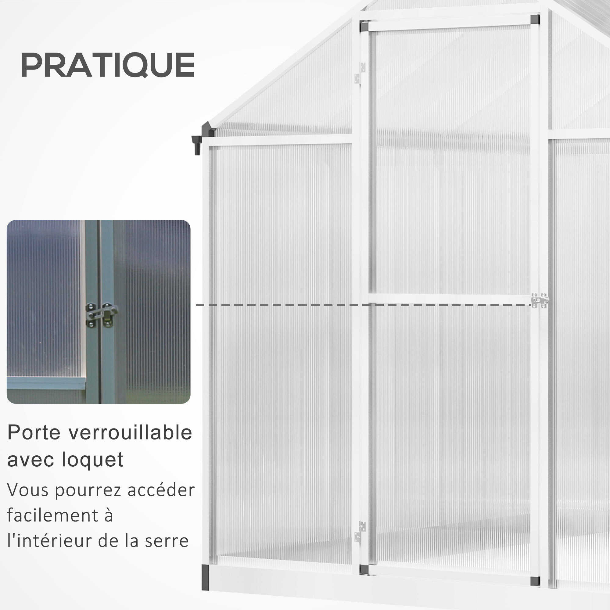 Serre de jardin aluminium polycarbonate 4,6 m² dim. 2,42L x 1,9l x 1,95H m fondation lucarne porte loquet