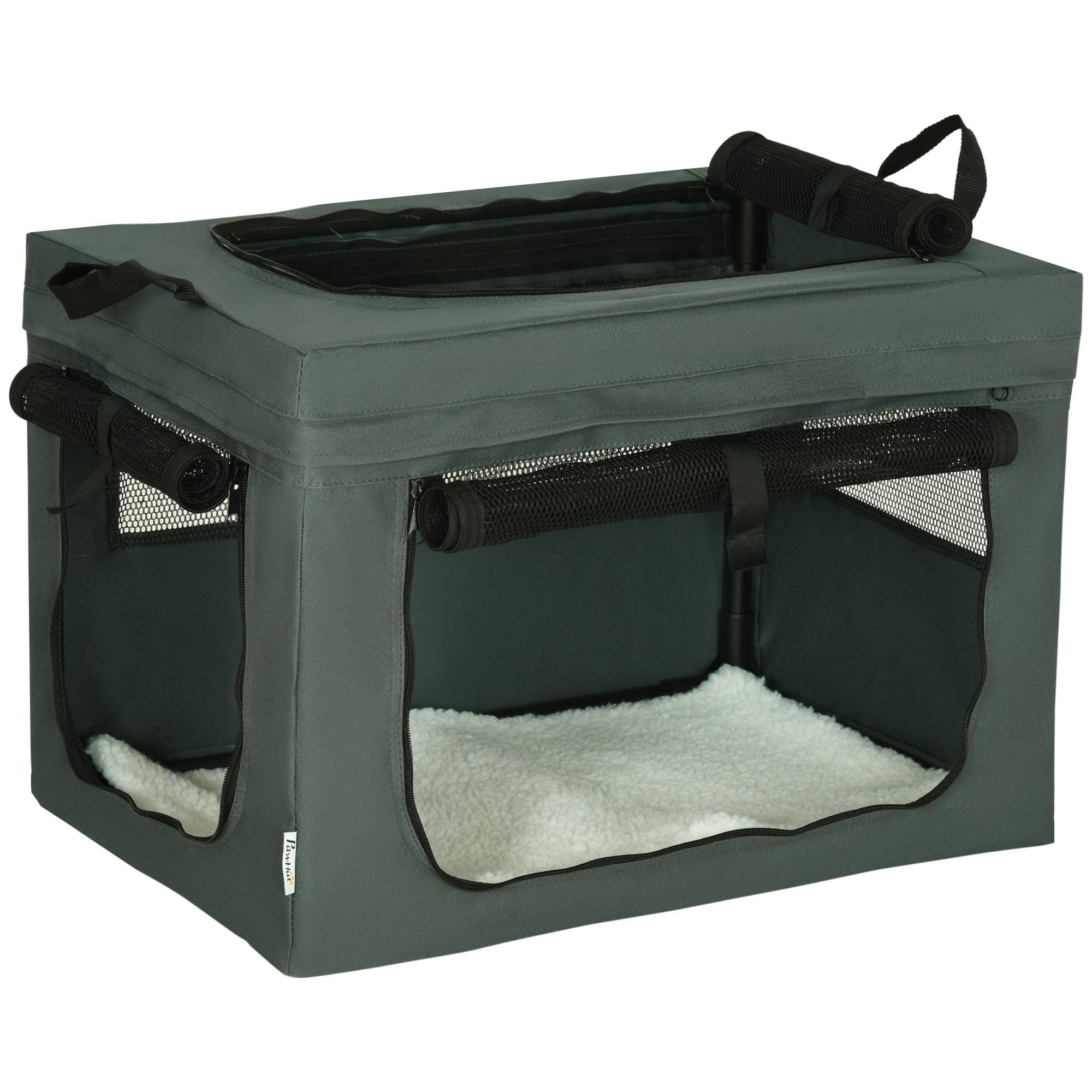 Sac de transport pliable pour chien chat - 2 poignées, 3 portes - dim. 60L x 42l x 42H cm - acier polyester gris