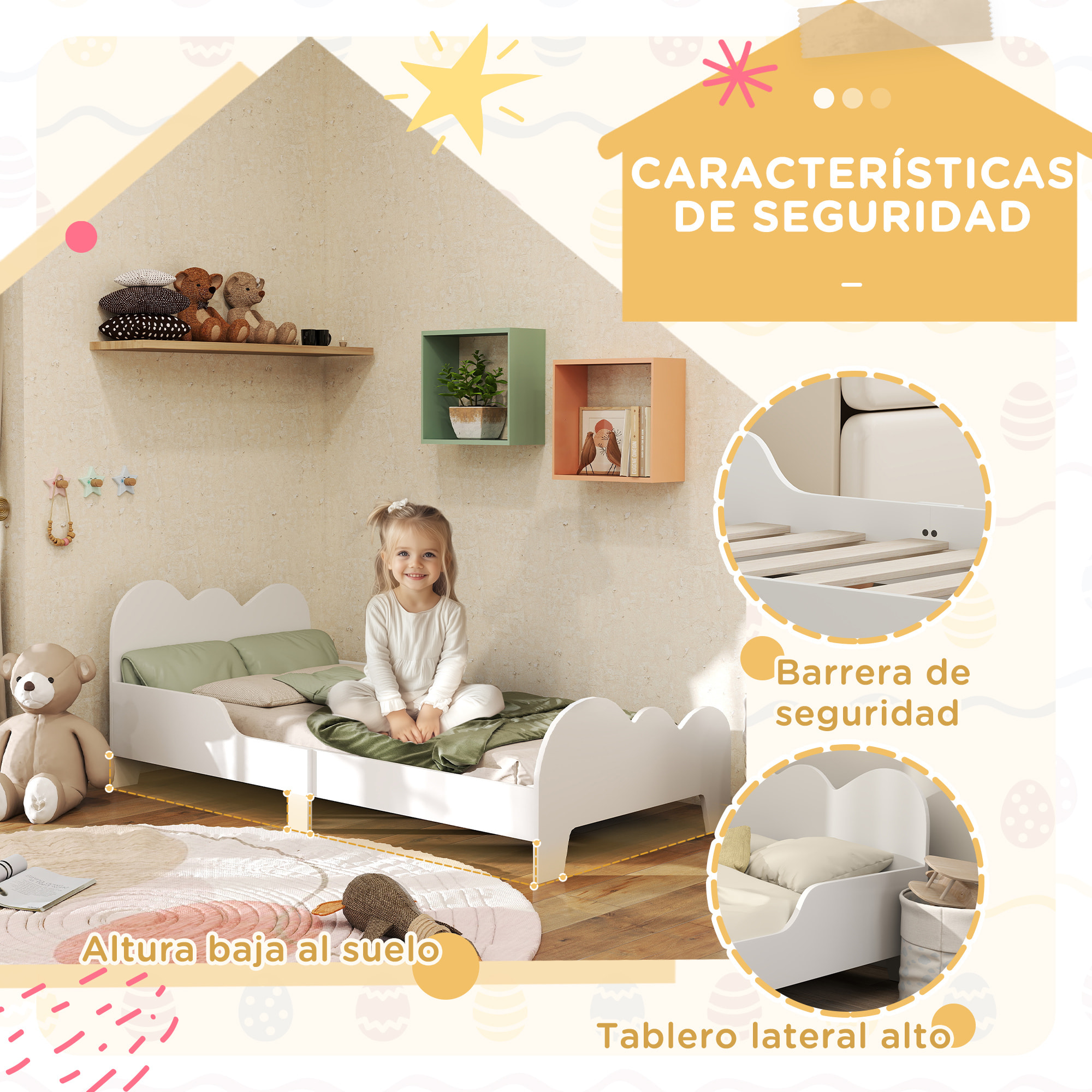 Cama para Niños de +3 Años 140x70 cm Estructura de Cama Infantil Tema de Nubes con Barandilla para Dormitorio Blanco