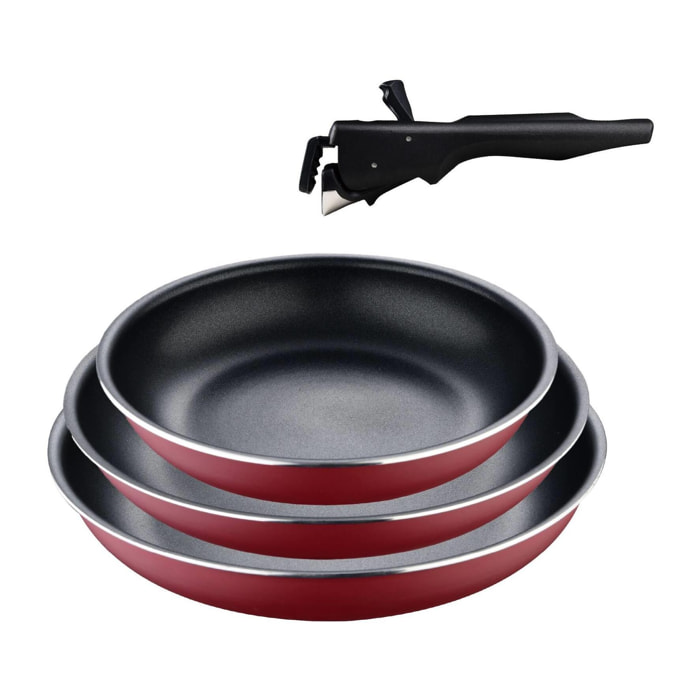juego de 3 sartenes ø18ø20ø24cm aluminio prensado rojo + mango extraíble