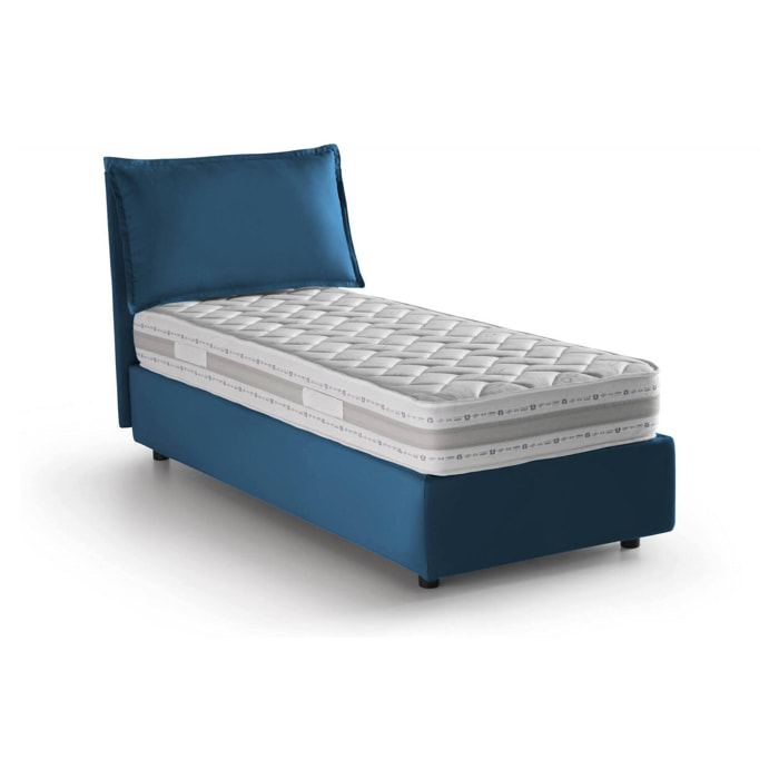 Letto singolo Carolina, Letto contenitore con rivestimento in tessuto, 100% Made in Italy, Apertura frontale, con materasso Cm 80x190 incluso, Blu