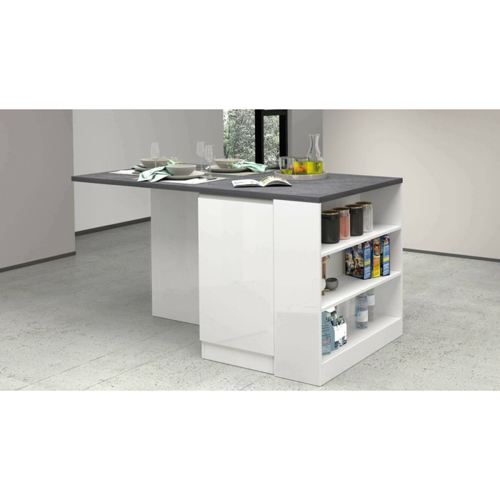 Isola da cucina Abern, Armadio multiuso, Mobile per cucinotto, Tavolo ausiliario, 100% Made in Italy, 160x90h90 cm, Bianco lucido e Ardesia