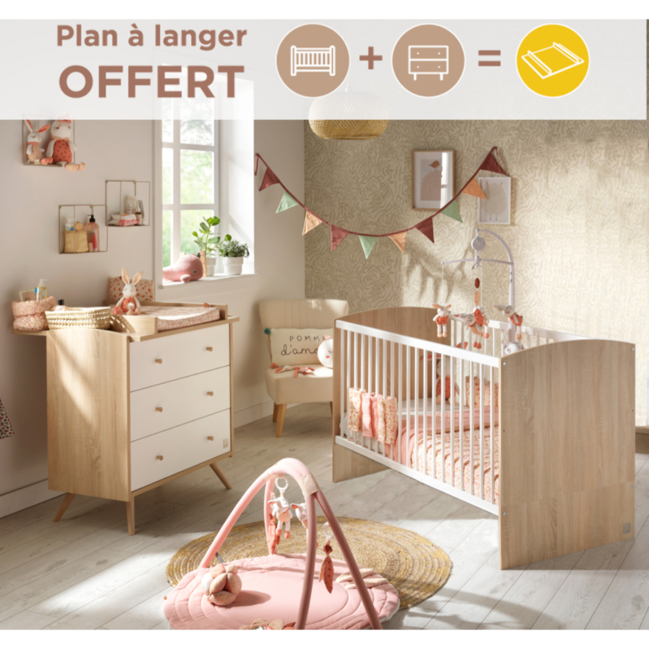Chambre bébé évolutive Access, Lit 140x70 et Commode à langer - Chêne doré