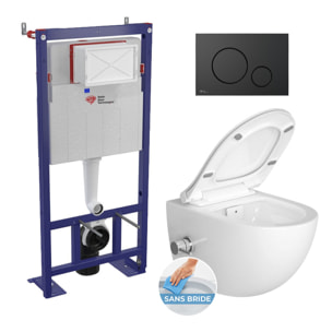 Pack WC bâti-autoportant + WC sans bride SAT Infinitio avec fonction bidet thermostatique + Abattant softclose + Plaque noir mat