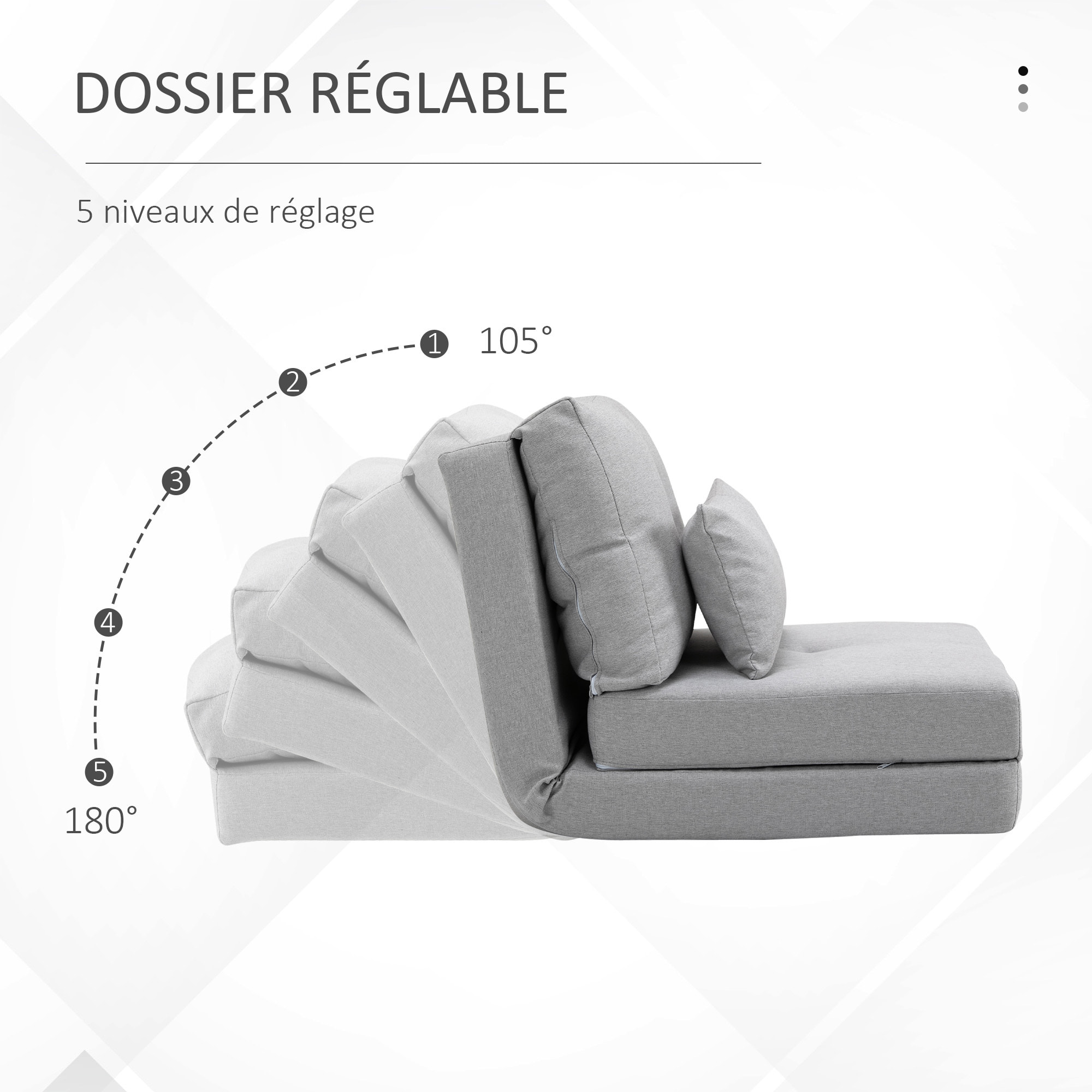 Chauffeuse dossier inclinable - fauteuil convertible - 2 coussins inclus - tissu lin gris clair