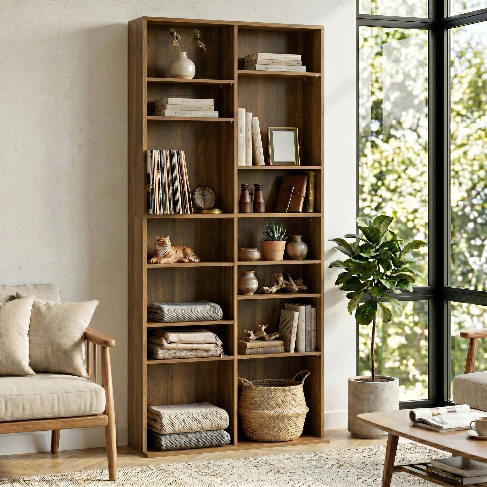 Étagère pour CD et DVD - 18 compartiments, 14 étagères réglables - 78,5x24x175cm - noyer