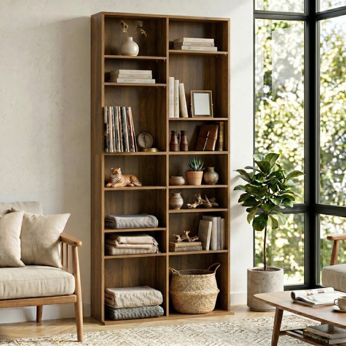 Étagère pour CD et DVD - 18 compartiments, 14 étagères réglables - 78,5x24x175cm - noyer