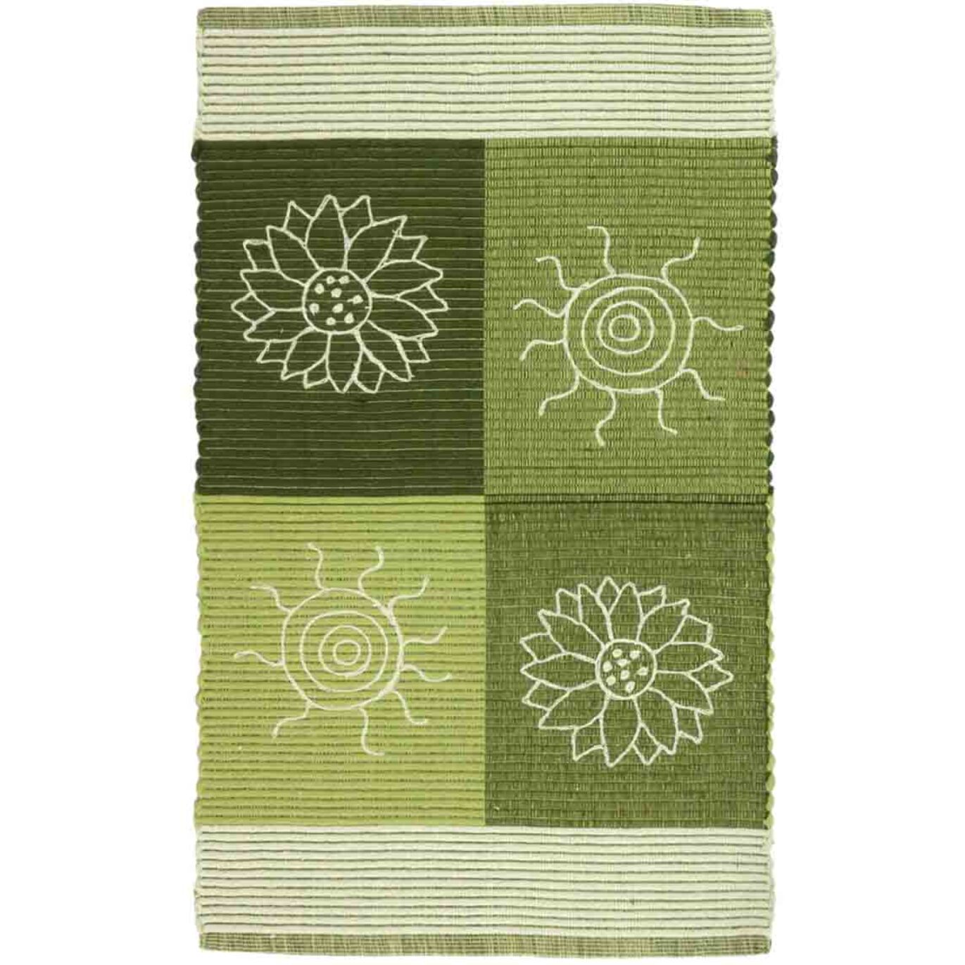 Tappeto SUMMER VERDE disegno sole e fiori 100% cotone annodati a mano, passatoia stuoia cucina multiuso lavabile