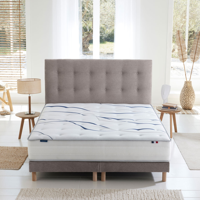 Ensemble matelas mousse HD SERENA + sommier + tête de lit, chenille bouclettes Gris clair
