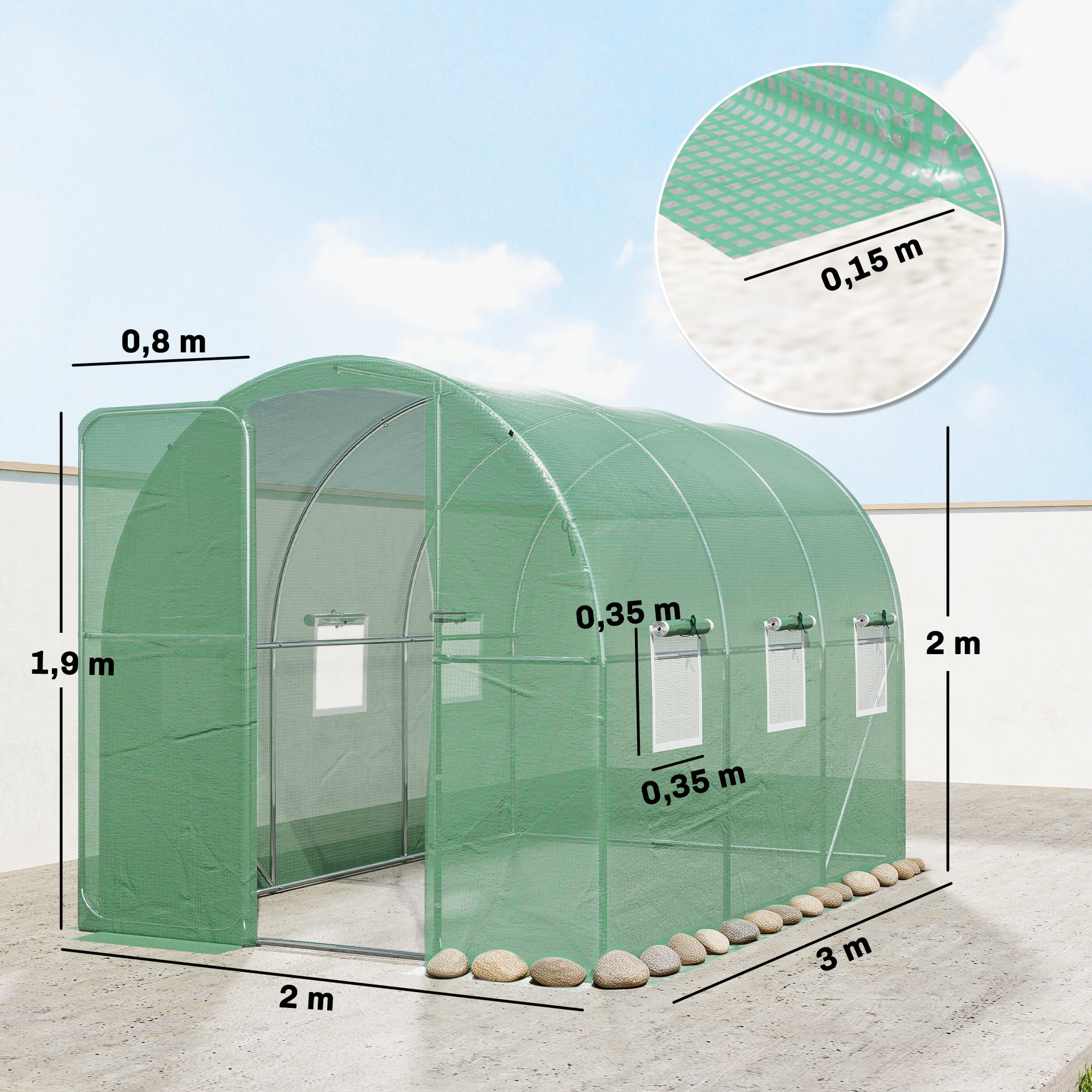 Serre tunnel de jardin 6m² porte et 8 fenêtres bâche PE 140 g/m² vert