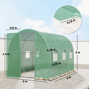 Serre tunnel de jardin 6m² porte et 8 fenêtres bâche PE 140 g/m² vert