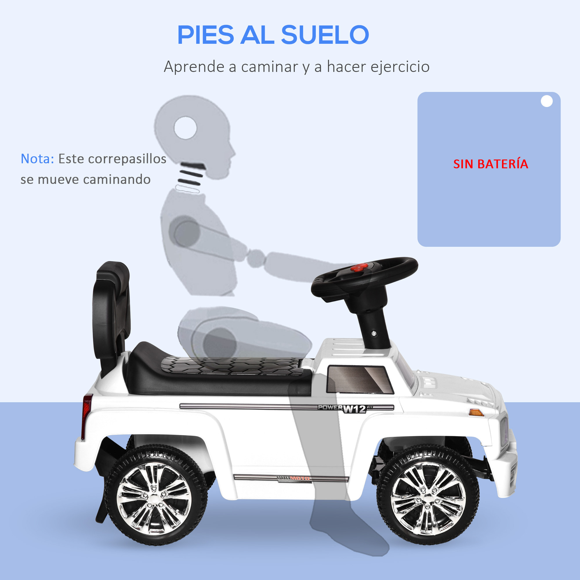 Coche Correpasillos Bebé 18-36 Meses con Faros Música Bocina y Almacenaje Blanco