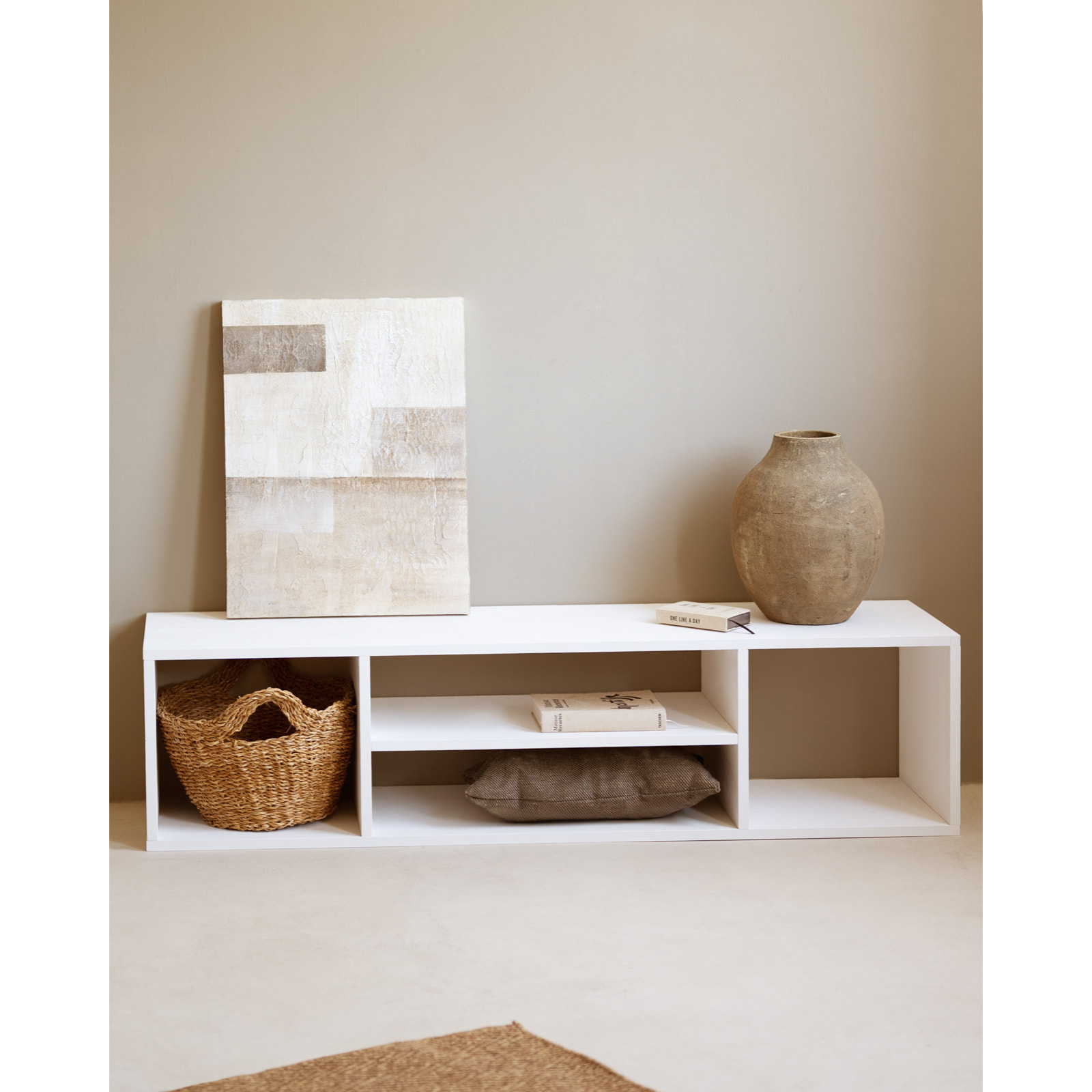 Meuble TV en bois massif ton blanc 160x40cm Hauteur: 40 Longueur: 160 Largeur: 40