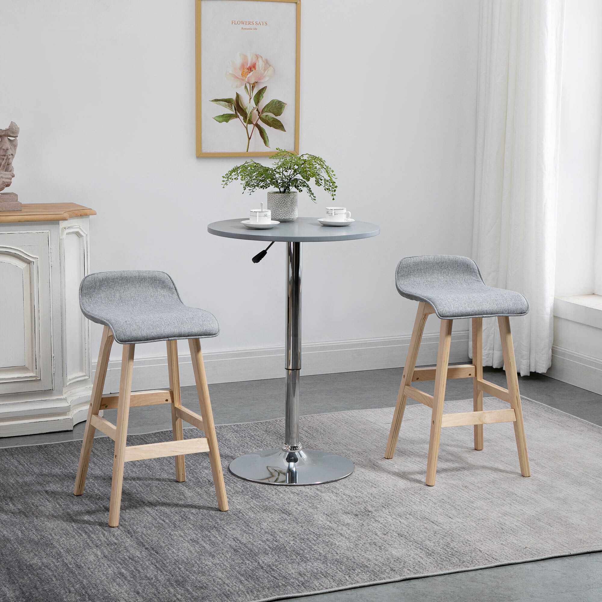 Tabourets de bar style scandinave - lot de 2 tabourets de bar avec repose-pieds - bois de sapin tissu polyester aspect lin gris