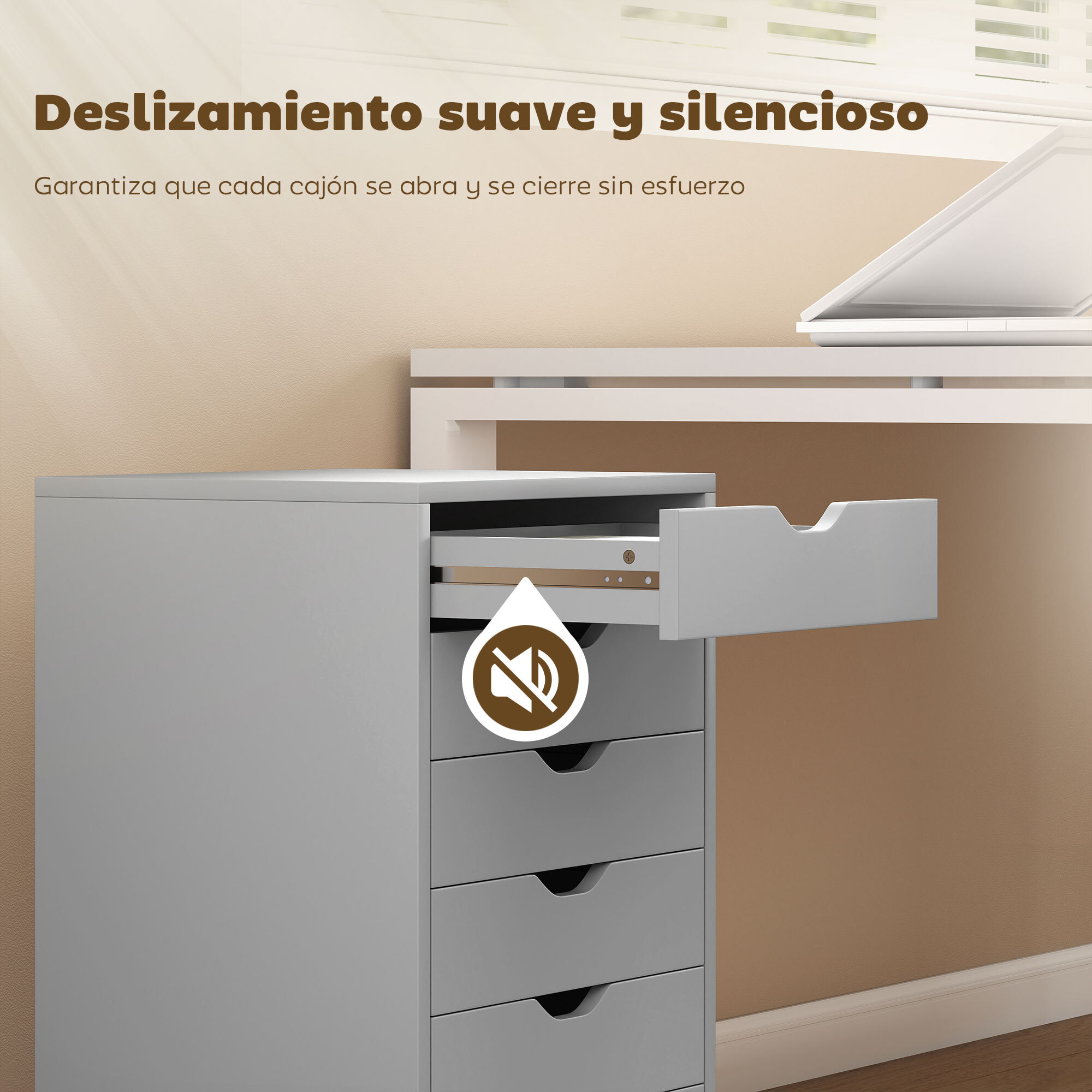 Cajonera Escritorio, Archivador Móvil con 6 Cajones, Soporte para Impresora con Ruedas, Guías Deslizantes Silenciosas, para Oficina, Casa, Gris