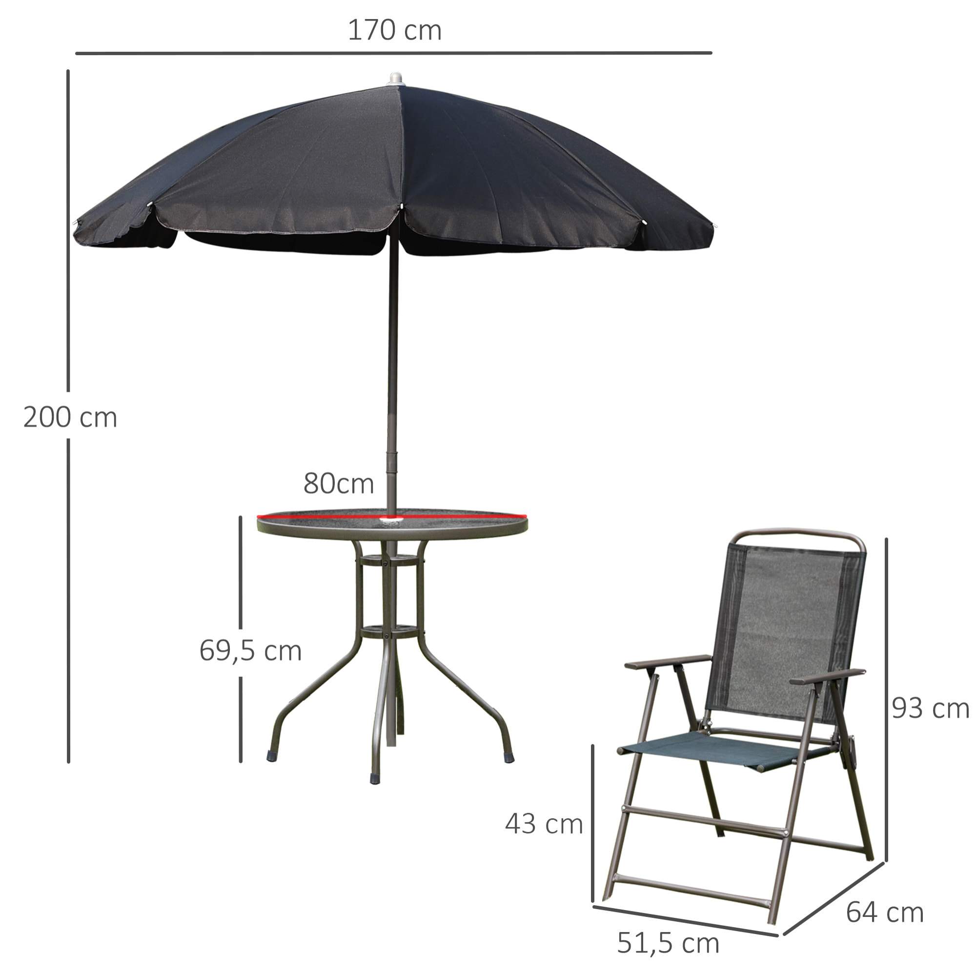 Ensemble salon de jardin 6 pcs - table ronde + 4 chaises pliables + parasol - acier époxy café textilène polyester noir