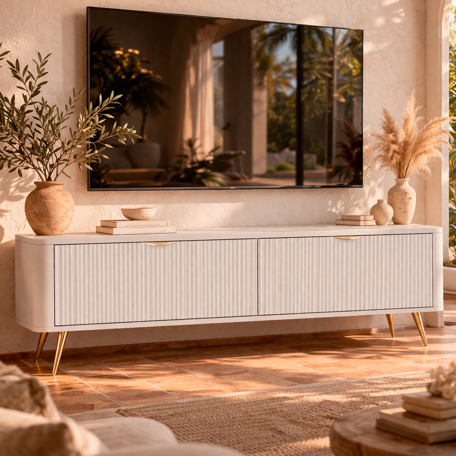 Mobile Porta TV Moderno Con Ante Cannettate Mobiletto Con 2 Ante A Ribalta E Vani Contenitore Design Moderno Soggiorno Salotto Living Home Rostock 163.2 x 38 x 51.2 Cm Cashmere