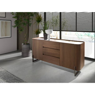 Aparador de madera chapada en nogal natural y patas de acero inoxidable oscuro metalizado 180x45x80cm
